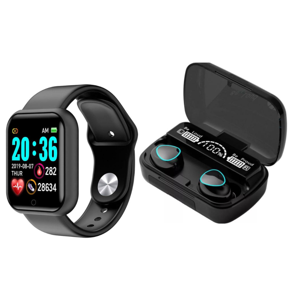 Kit Relógio Smartwatch D20 Pró Y68 + Fone de Ouvido sem Fio M10