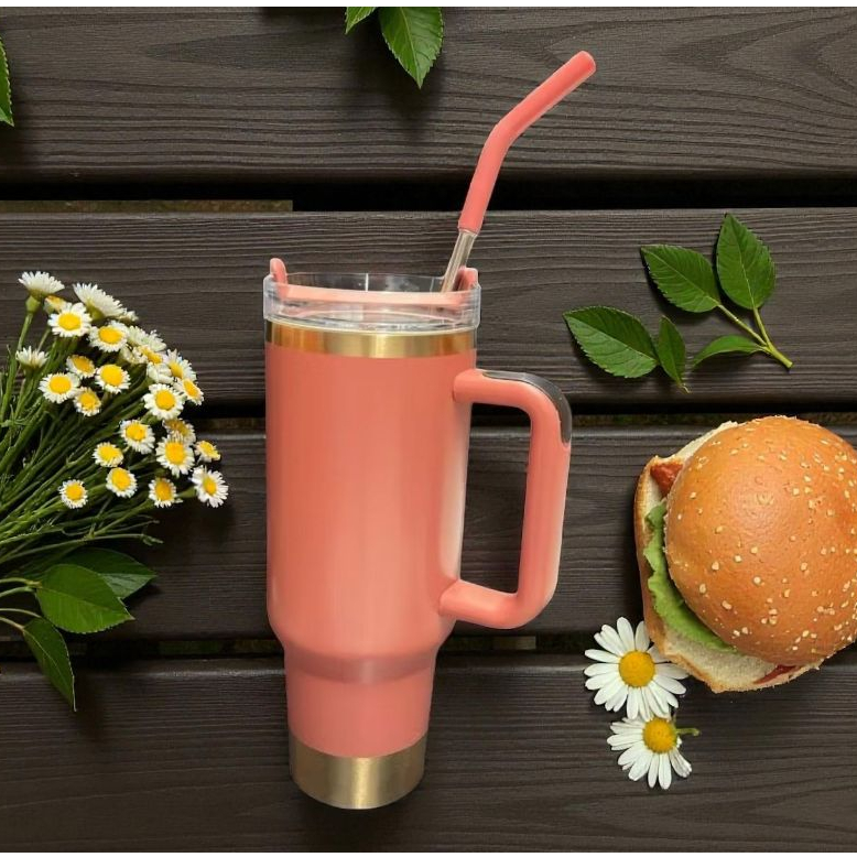 Copo Térmico Inox Alça Flip Straw com canudo de Metal 1200ml