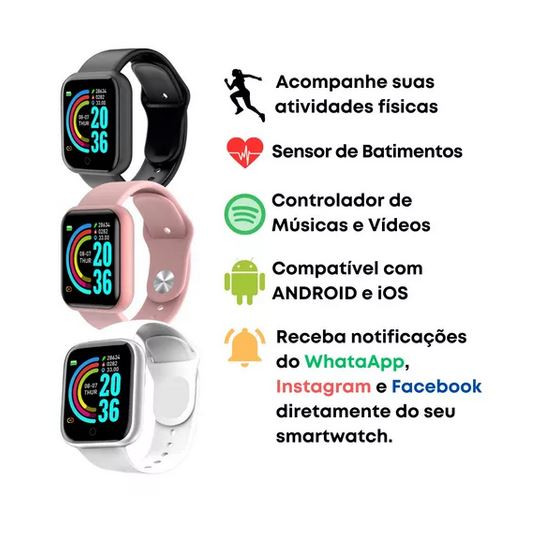 Kit Relógio Smartwatch D20 Pró Y68 + Fone de Ouvido sem Fio M10